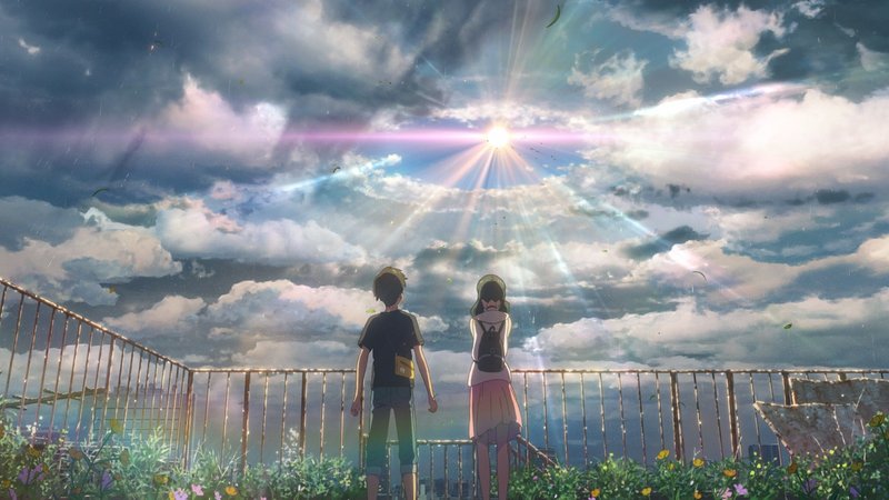 Ein Junge und ein Mädchen blicken in eine rosa Sonne zwischen Wolken, Animation (Filmszene aus "Weathering With You - Das Mädchen, das die Sonne berührte")