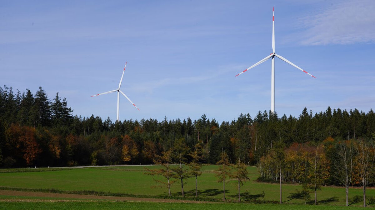 Zwei Windräder stehen in einer bewaldeten Landschaft. Erneuerbare Energien haben vermutlich erheblichen Anteil daran, dass der CO2-Ausstoß in Europa langsam sinkt, so die Vermutung des Global Carbon Project 2023.