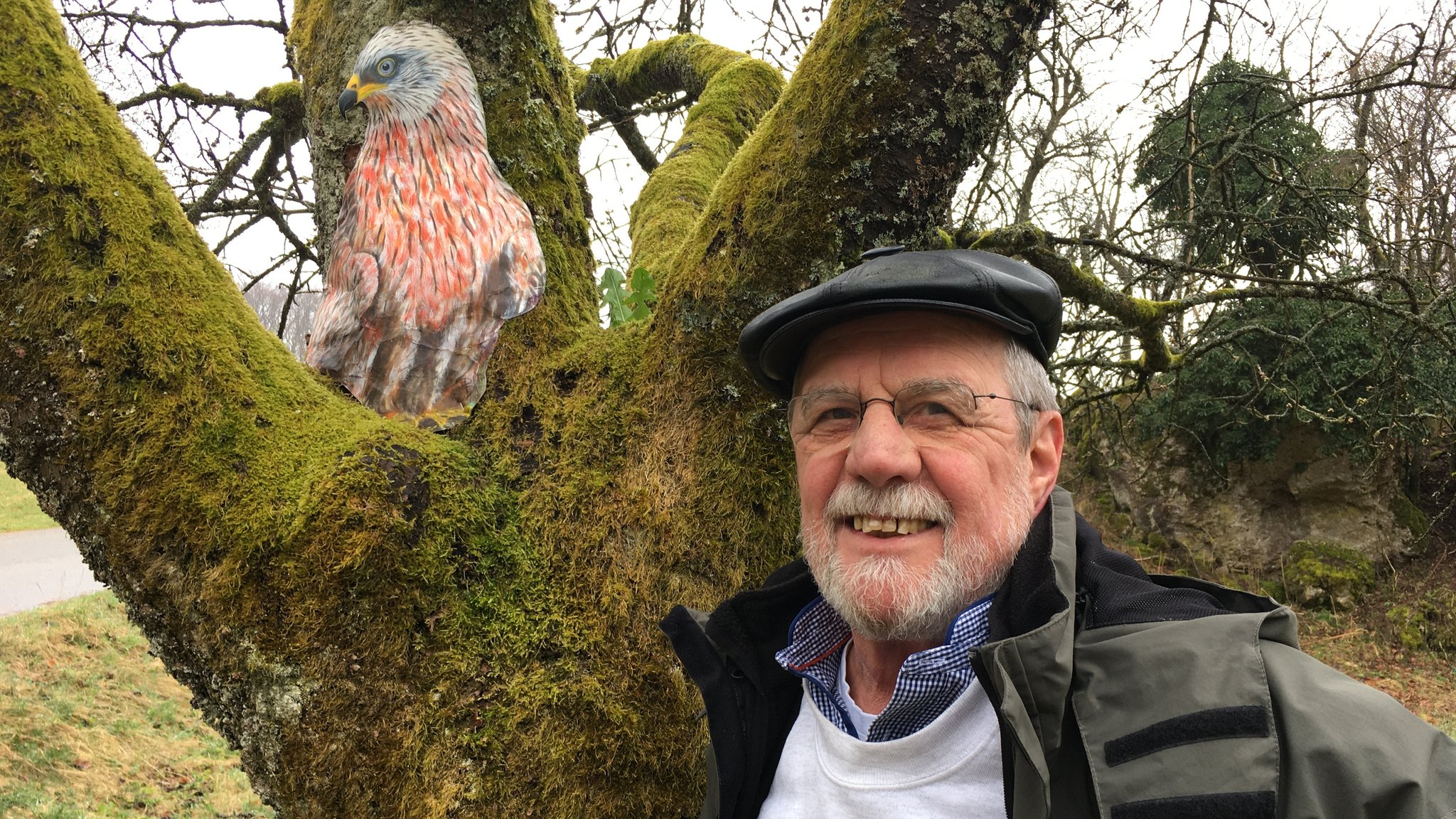 Peter Kraus an einem Baum mit einem seiner Baumbilder, einem Rotmilan: