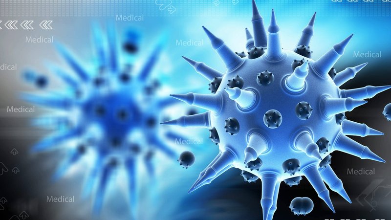 Digitale Illustration von Grippe-Viren in Blautönen. 