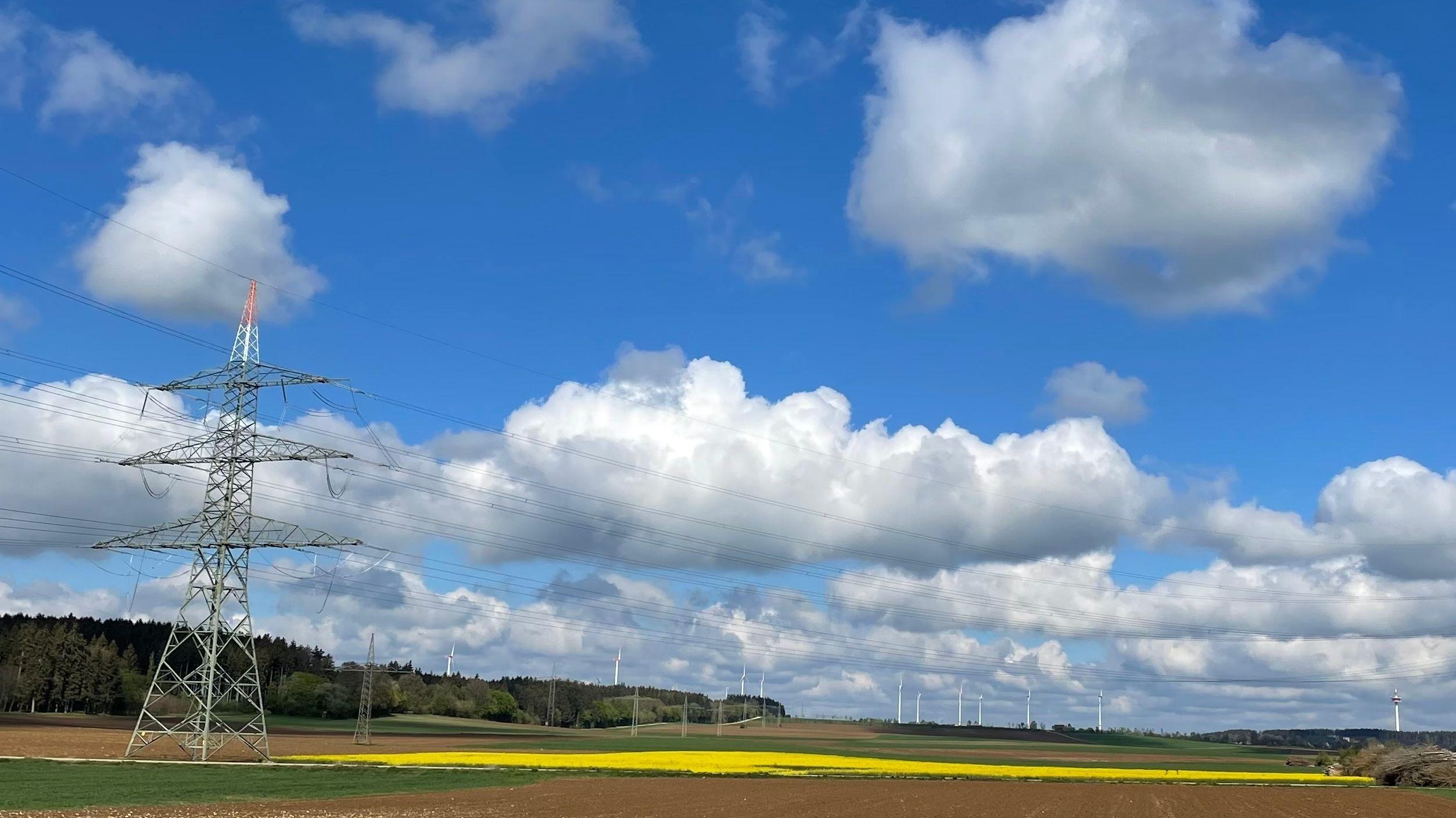 Windräder und Strommasten vor Wald