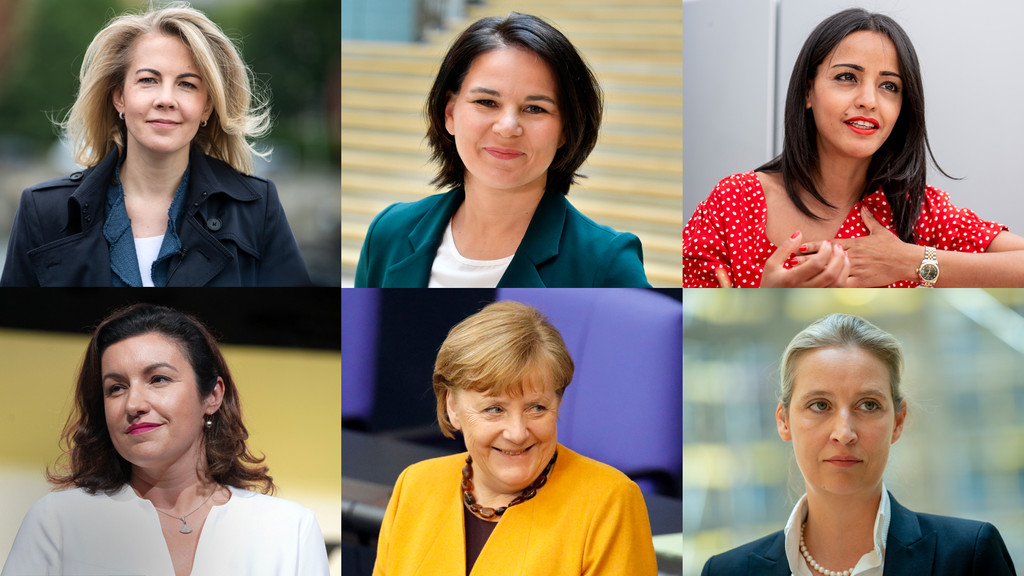 Fotos von Linda Teuteberg (FDP), Annalena Baerbock (Grüne), Sawsan Chebli (SPD), Dorothee Bär (CSU), Angela Merkel (CDU) und Alice Weidel (AfD)
