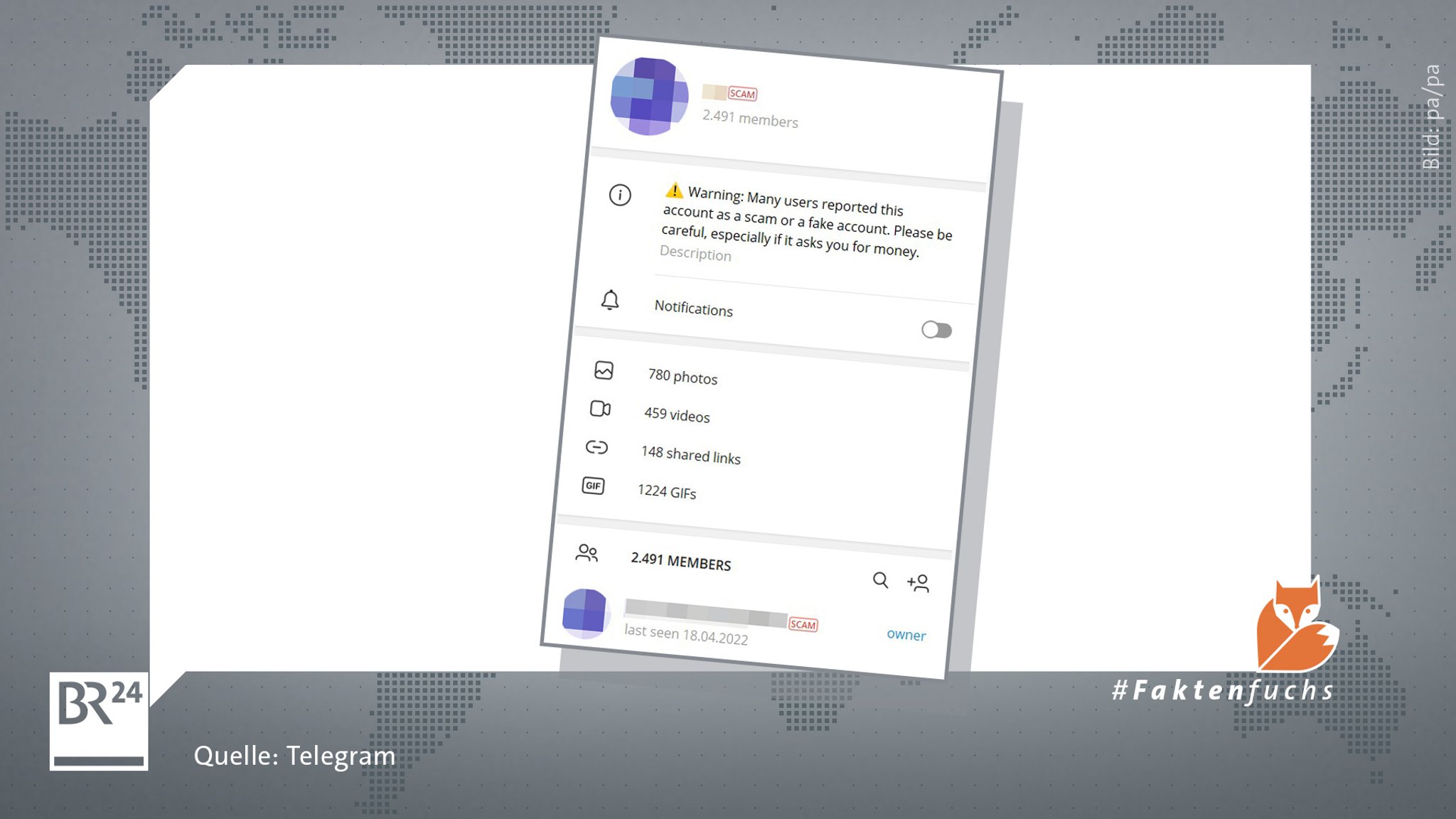 Das Profil einer Telegram-Gruppe, die als "Scam" markiert und mit einem Warnhinweis versehen wurde.