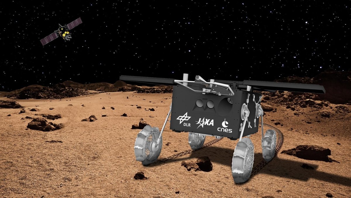 Künstlerische Darstellung des Mars-Mond-Rovers Idefix, den DLR und CNES gemeinsam entwickelt haben, um ihn mit der japanischen Mission MMX zu Phobos zu schicken.