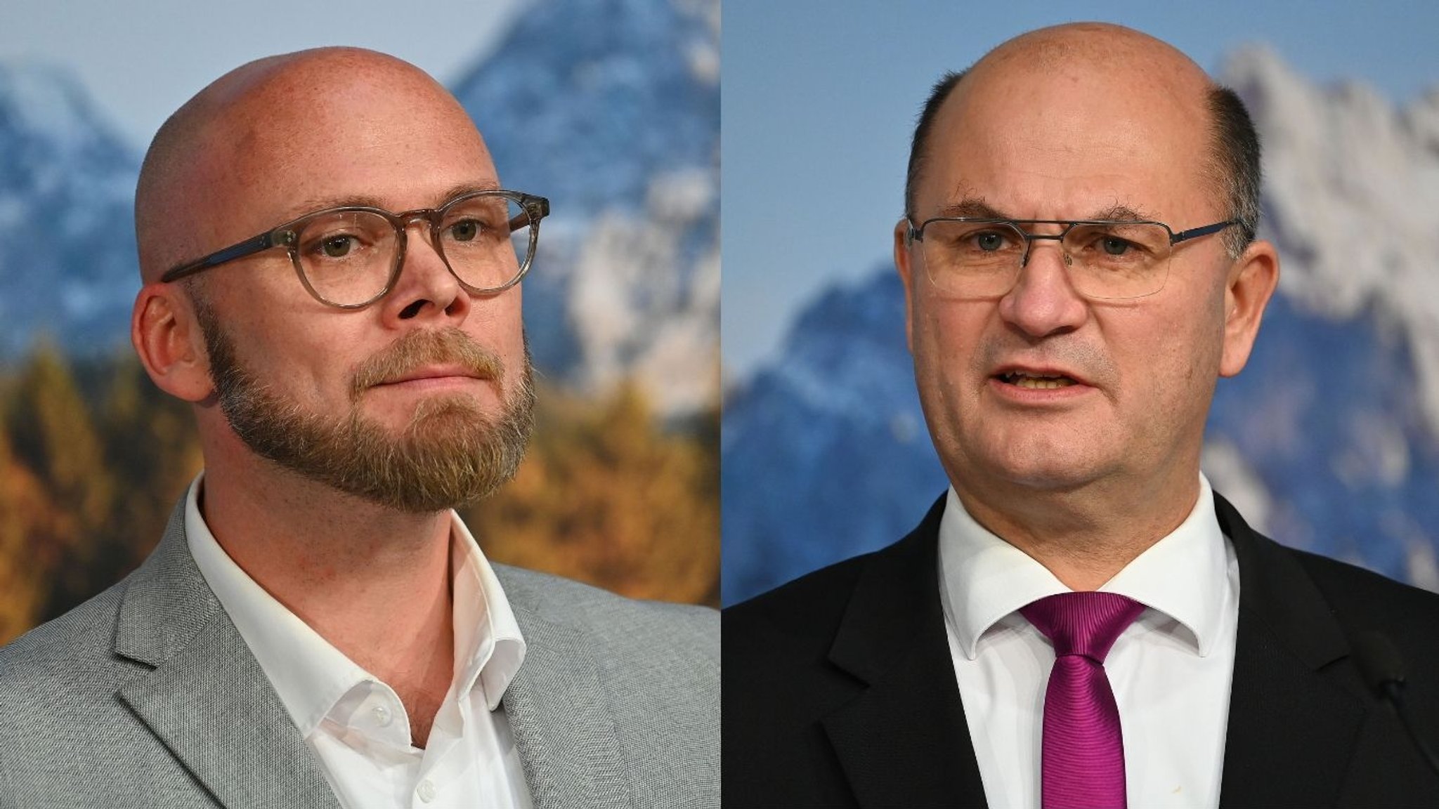 Digitalminister Fabian Mehring (Freie Wähler) und CSU-Finanzminister Albert Füracker (rechts) bei einer gemeinsamen Pressekonferenz im Oktober. | Bild: Picture Alliance/SvenSimon/Frank Hoermann (Collage: BR) Digitalminister Fabian Mehring (Freie Wähler) und CSU-Finanzminister Albert Füracker (rechts) bei einer gemeinsamen Pressekonferenz im Oktober.