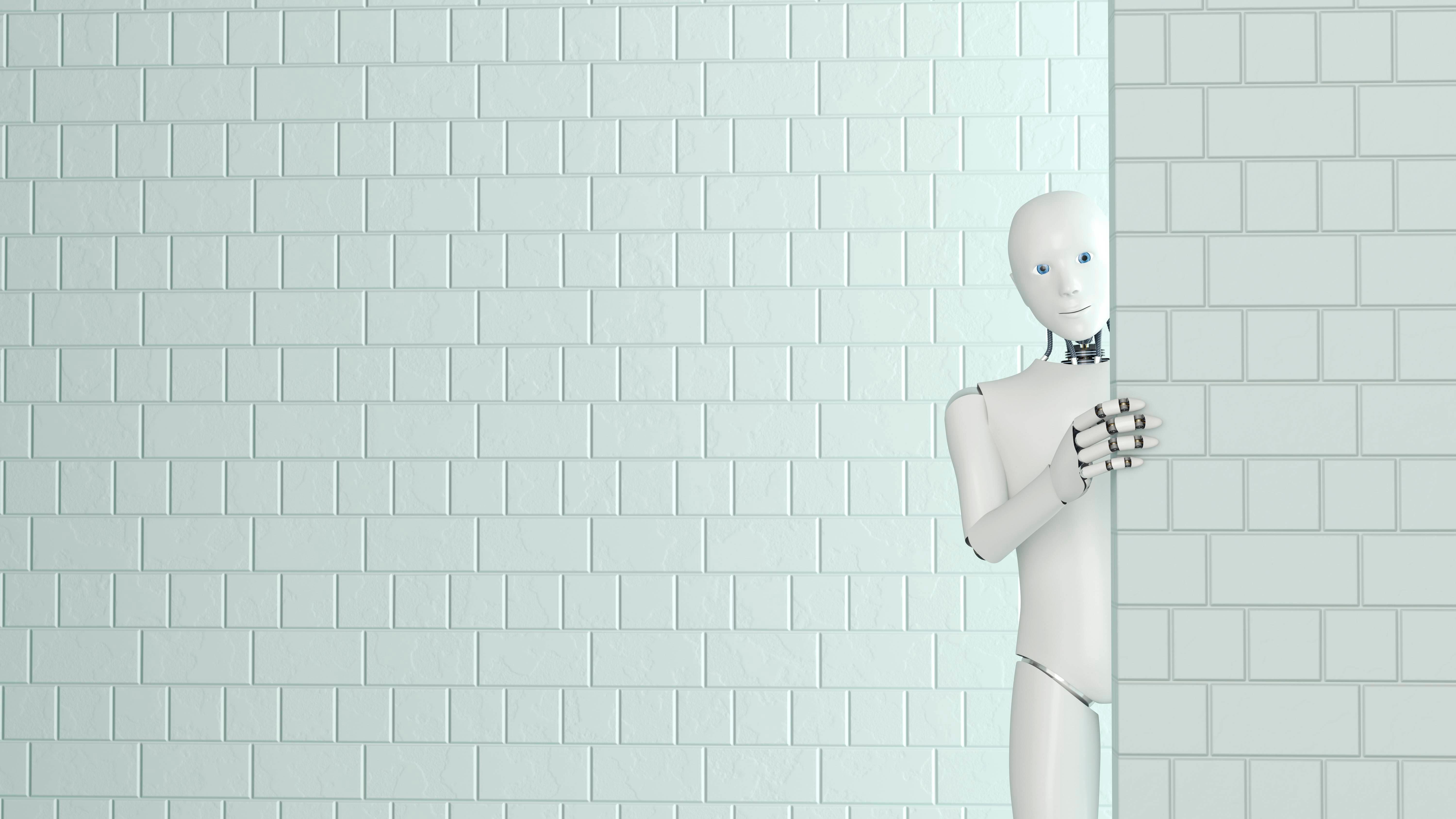 Roboter lugt hinter einer Mauer hervor