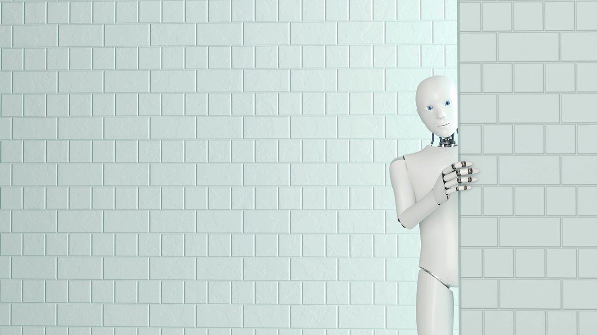 Roboter lugt hinter einer Mauer hervor