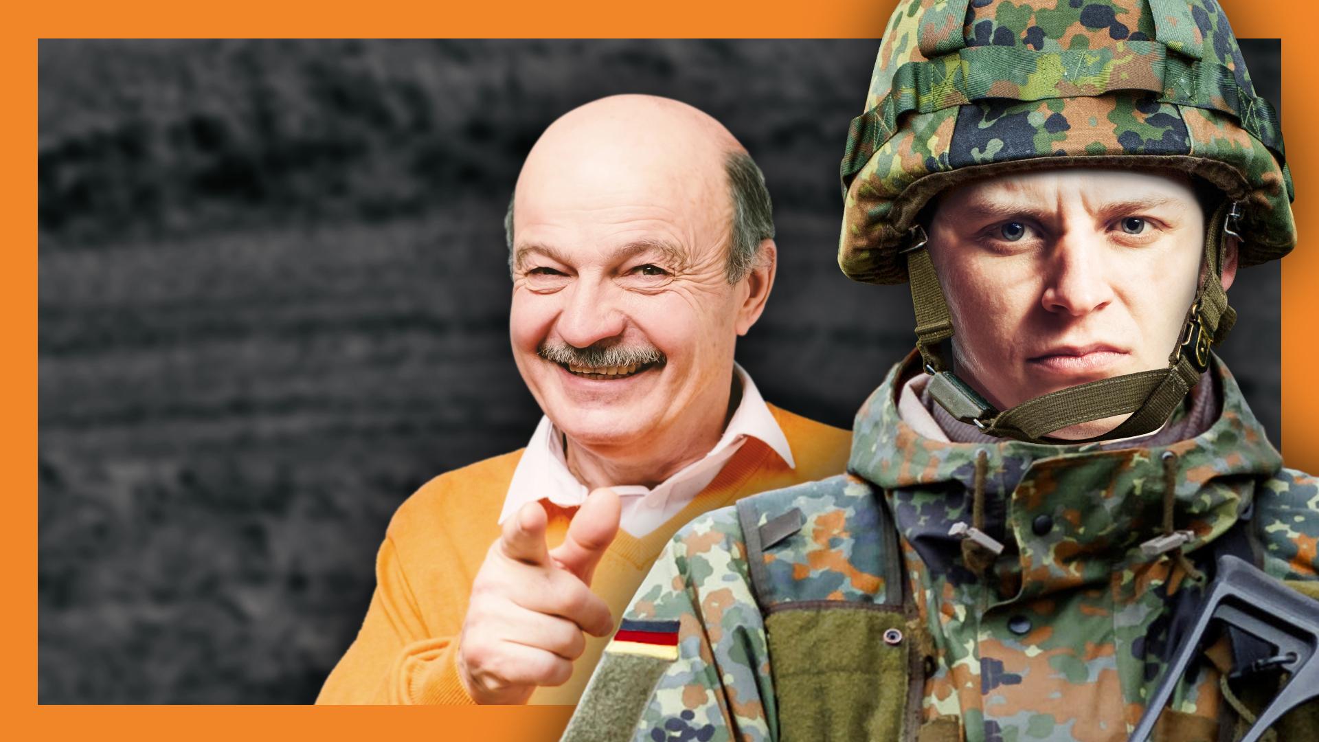 Ein junger Mensch in Bundeswehruniform in Flecktarn mit Schutzhelm, dahinter ein älterer Mensch mit Halbglatze und dem Lächeln eines Gewinners, der mit dem Zeigefinger nach vorne deutet.  