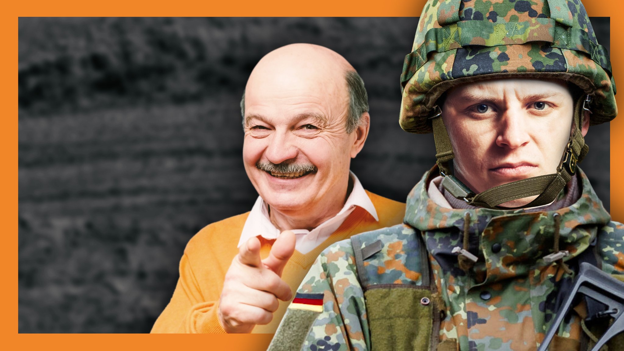 Ein junger Mensch in Bundeswehruniform in Flecktarn mit Schutzhelm, dahinter ein älterer Mensch mit Halbglatze und dem Lächeln eines Gewinners, der mit dem Zeigefinger nach vorne deutet.  