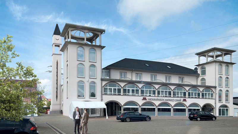 Eine Visualisierung der Moschee in Memmingen mit dem geplanten Minarett, das vom Bauausschuss abgelehnt wurde
