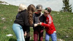 Die Grundschüler messen mit einem Meterstab die Bodentiefe der Pflanzen auf einer Bergwiese am Breitenberg. | Bild:BR / Rupert Waldmüller