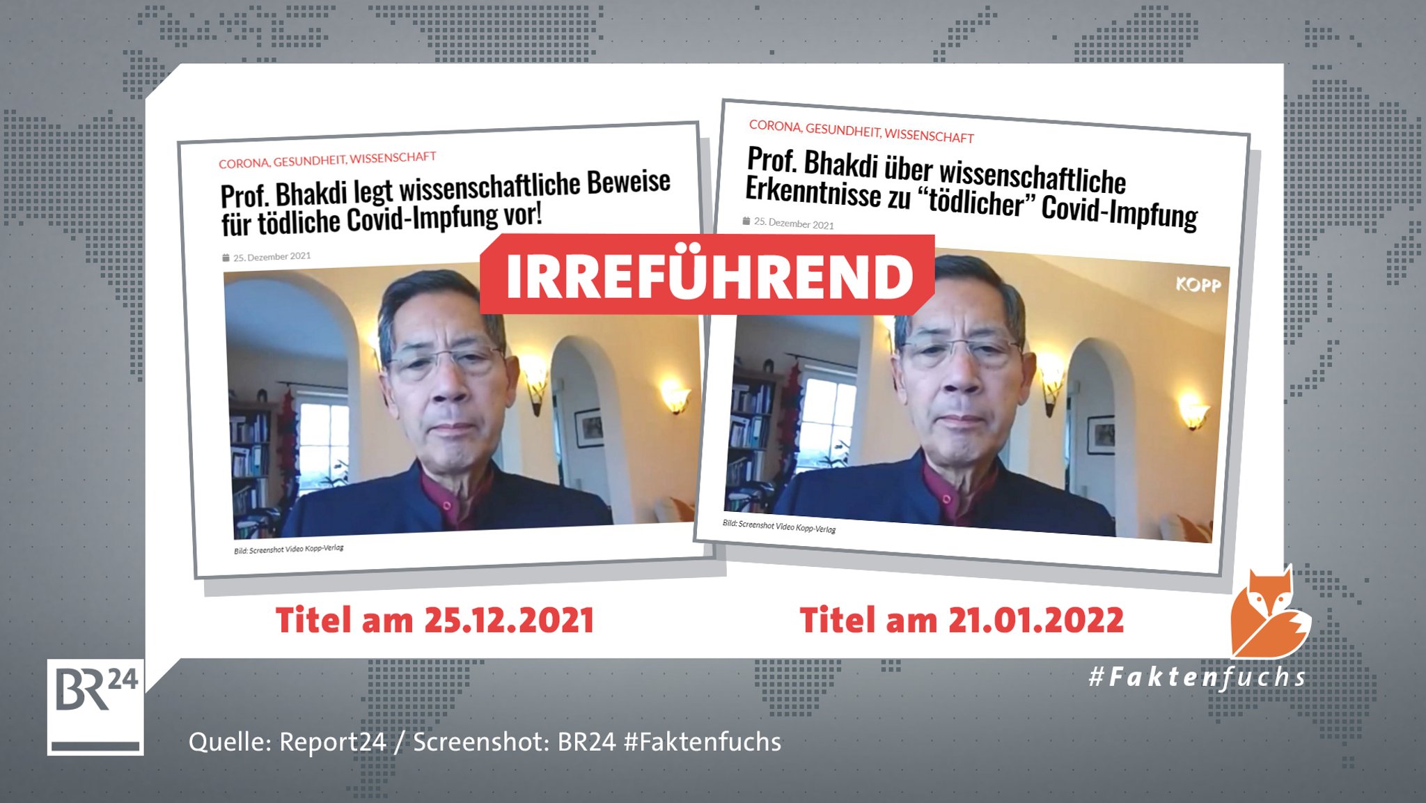 Montage: Auf dem Faktenfuchs-Hintergrund sind zwei Screenshots mit irreführenden Informationen eingefügt. 1. Screenshot vom 25.12.2021: "Prof. Bhakdi legt wissenschaftliche Beweise für tödliche Covid-Impfung vor!". 2. Screenshot vom 21.01.2022: "Prof. Bhakdi über wissenschaftliche Erkenntnisse zu "tödlicher" Covid-Impfung". 