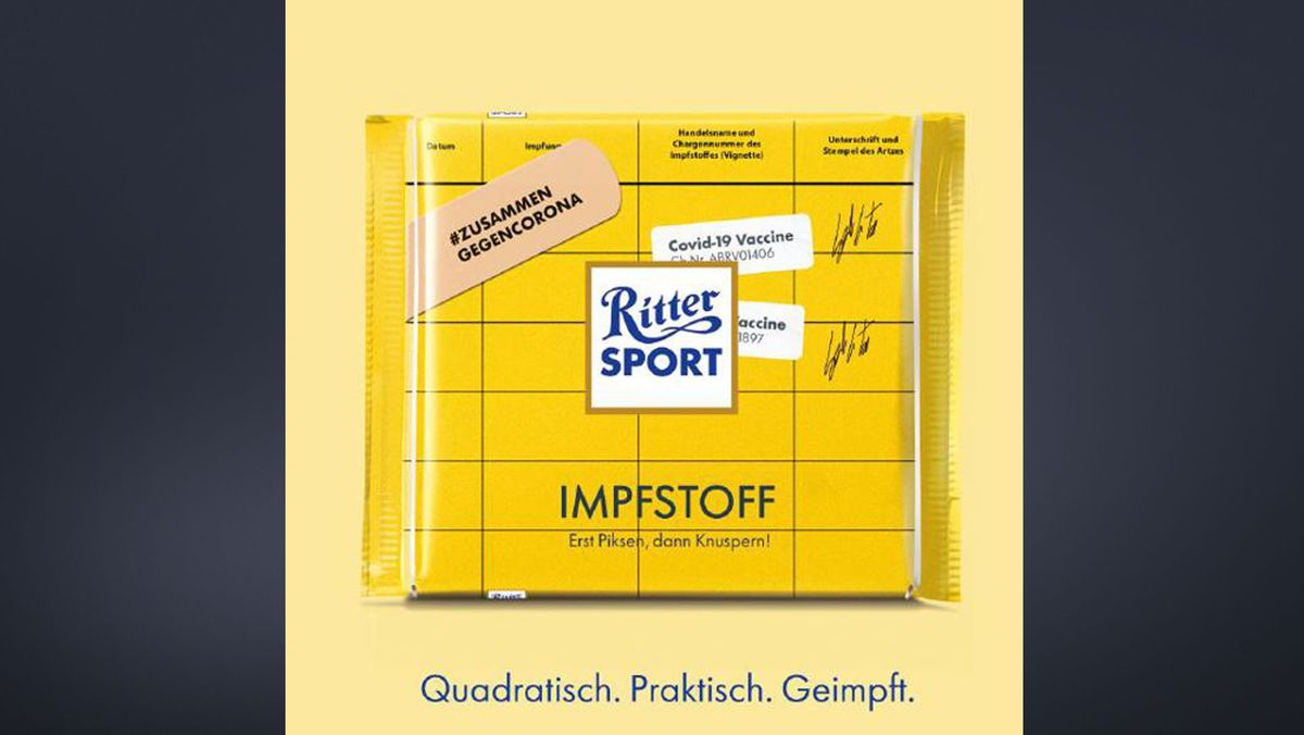 "Erst Piksen, dann Knuspern!" mahnt der Schokoladenhersteller Ritter Sport.