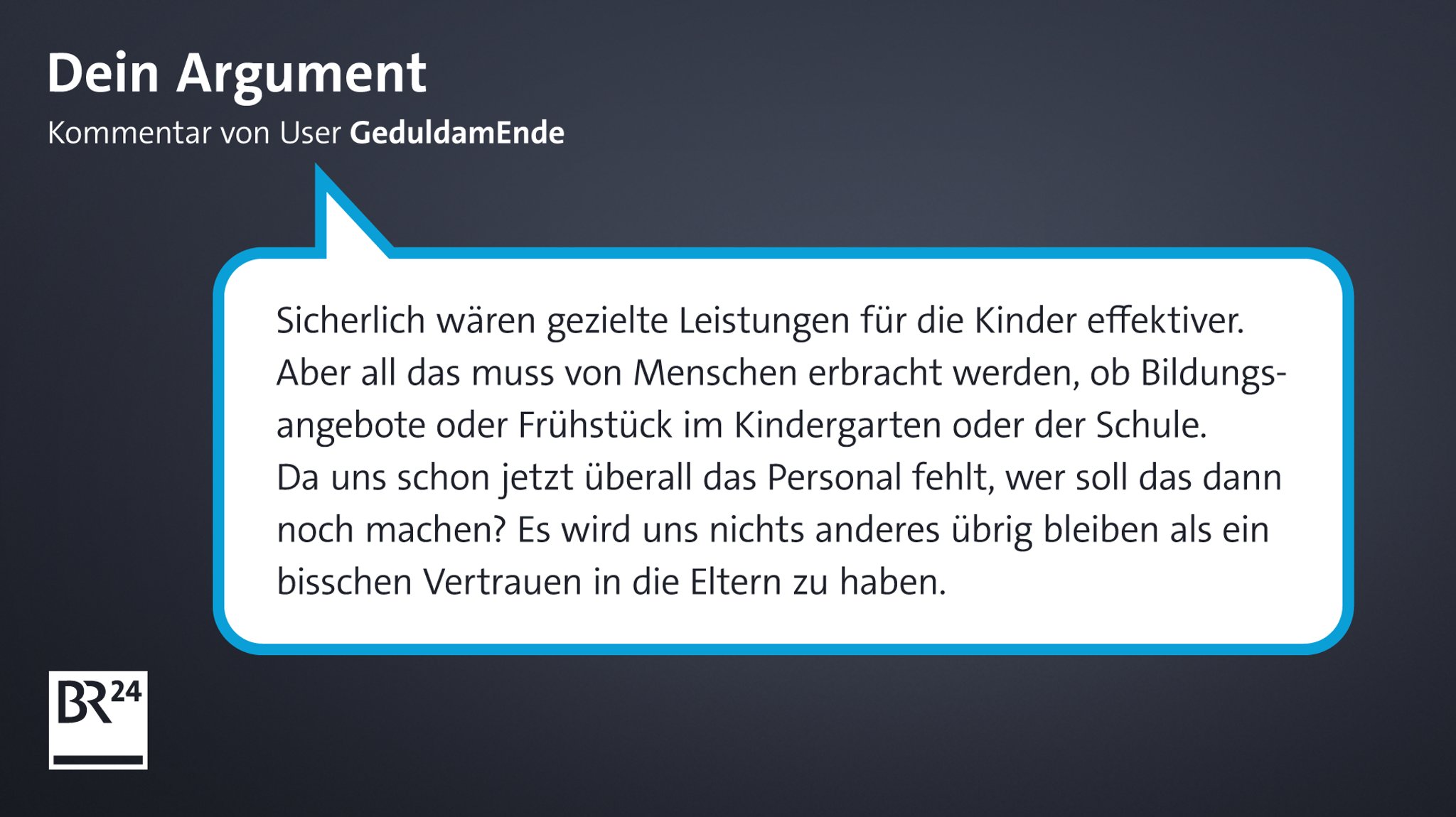 Ein User-Kommentar zu Kinderarmut an Schulen, der die Problematik fehlenden Personals anspricht, wenn es verstärkte Bildungsangebote geben soll.