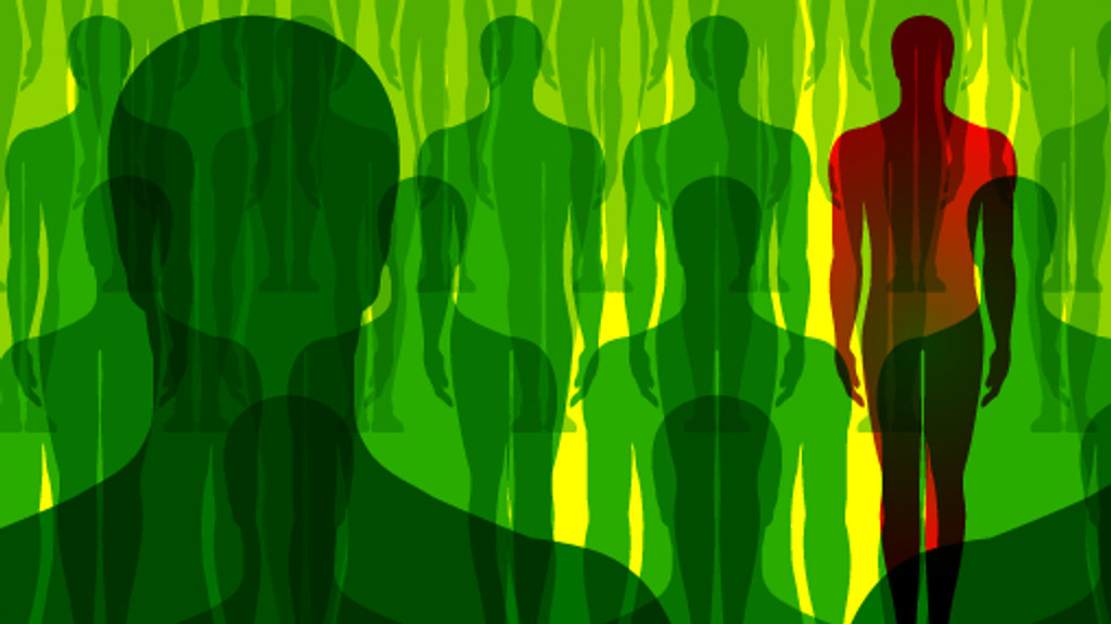 Zahlreiche menschliche Silhouetten in grün. Dazwischen eine in rot. Symbolbild für seltene Erkrankungen.