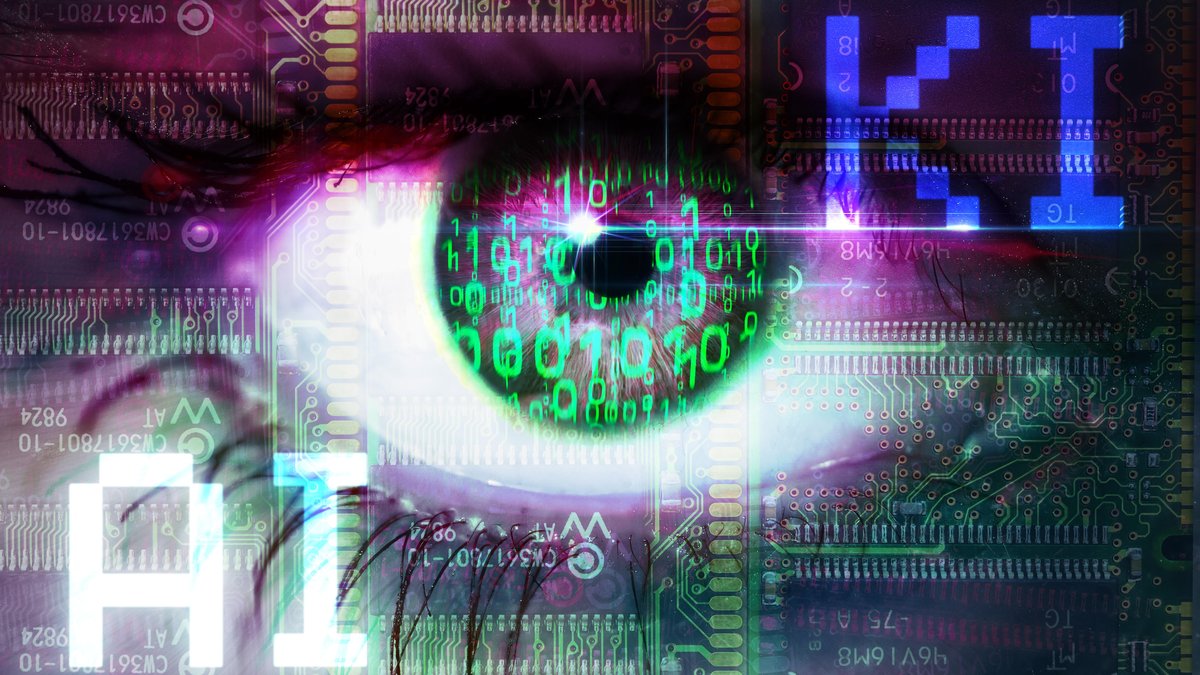 Auge einer Frau mit Binärcode und den Schriftzügen AI und KI