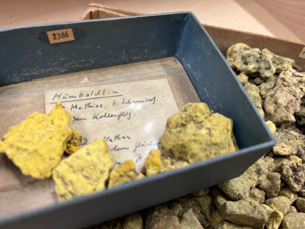 Neben einem handgeschriebenen Etikett liegen Stücke des Minerals Humboldtin. 