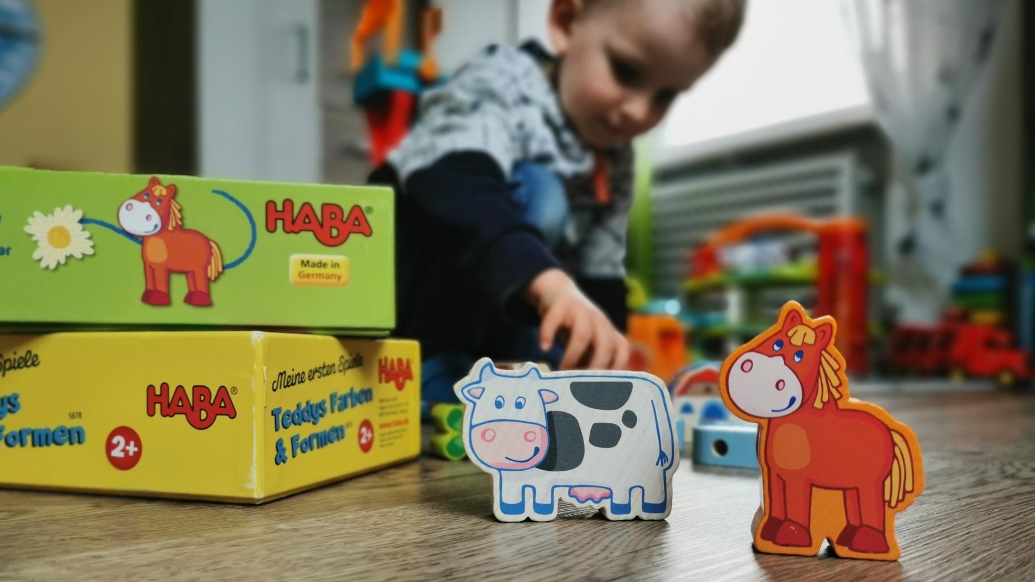 Ein Junge spielt mit Haba-Spielzeug