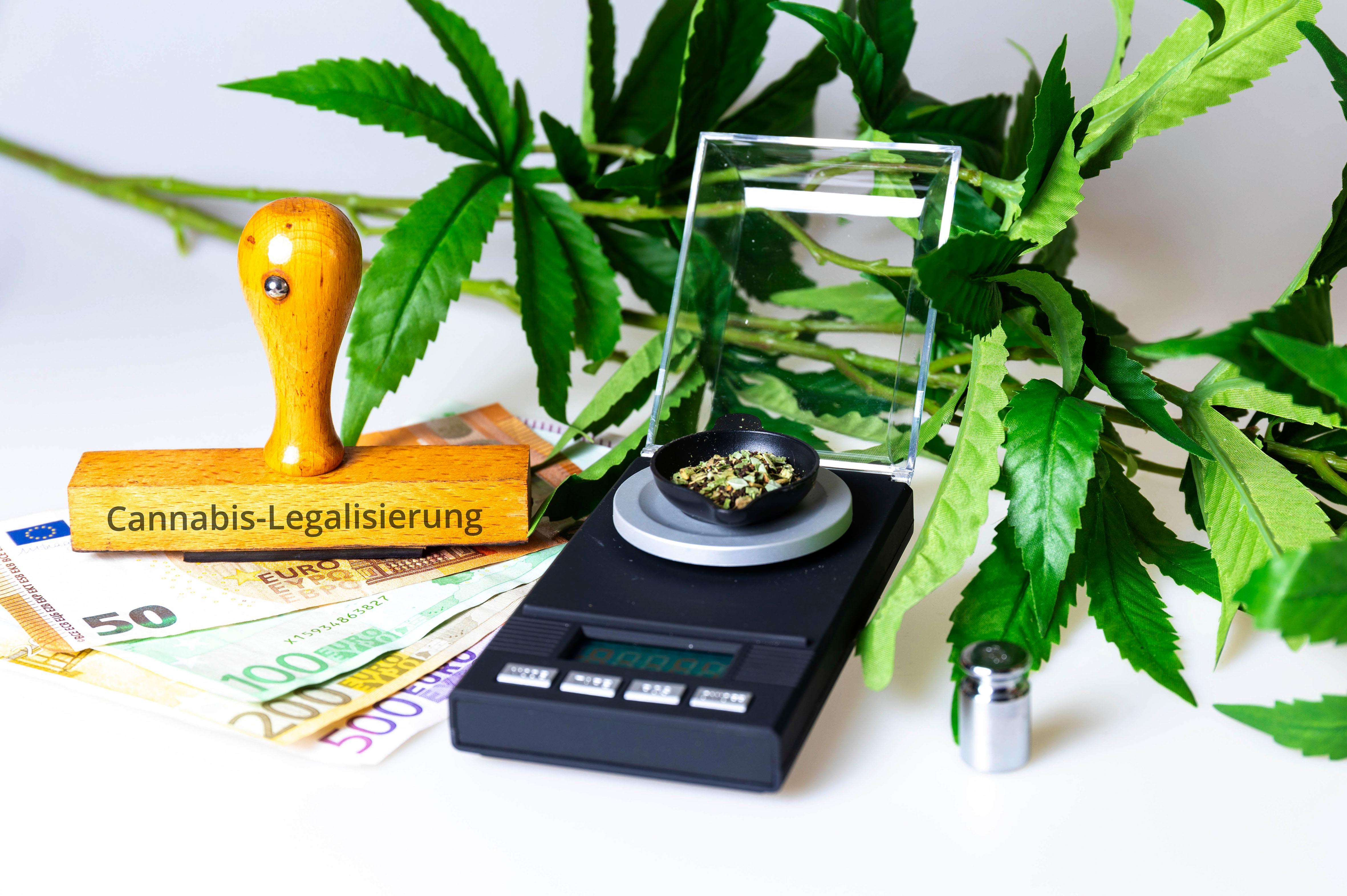Eine Cannabis-Planze, davor eine Waage, Geldscheine und ein Stempel mit der Aufschrift "Cannabis-Legalisierung"