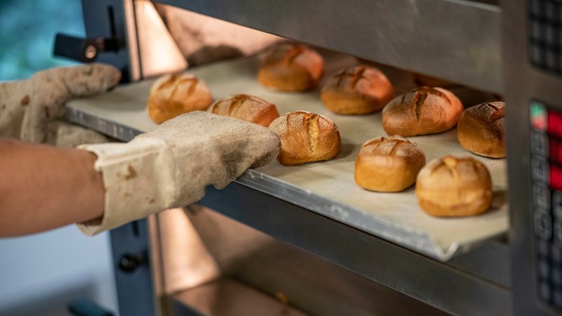 Ein Bäcker schiebt Semmeln auf einem Backblech in den Ofen | Bild: dpa-Bildfunk/Fabian Sommer Ein Bäcker schiebt Semmeln auf einem Backblech in den Ofen