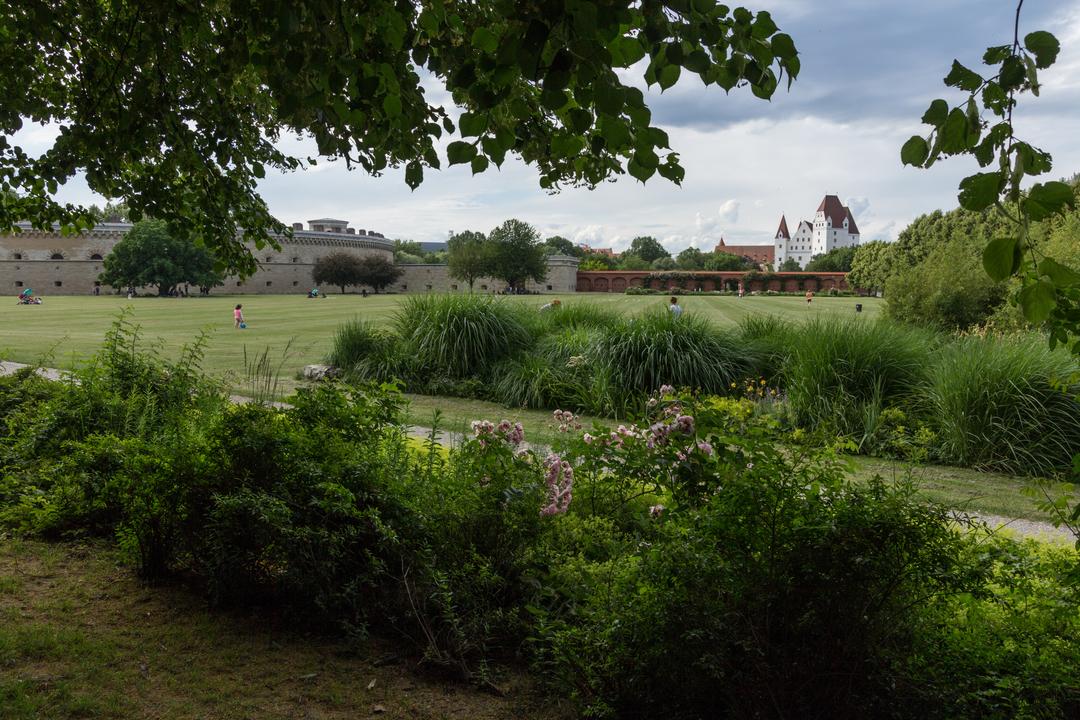 Der Ingolstädter Klenzepark am Südufer der Donau; im Hintergrund das Neue Schloss am Nordufer
