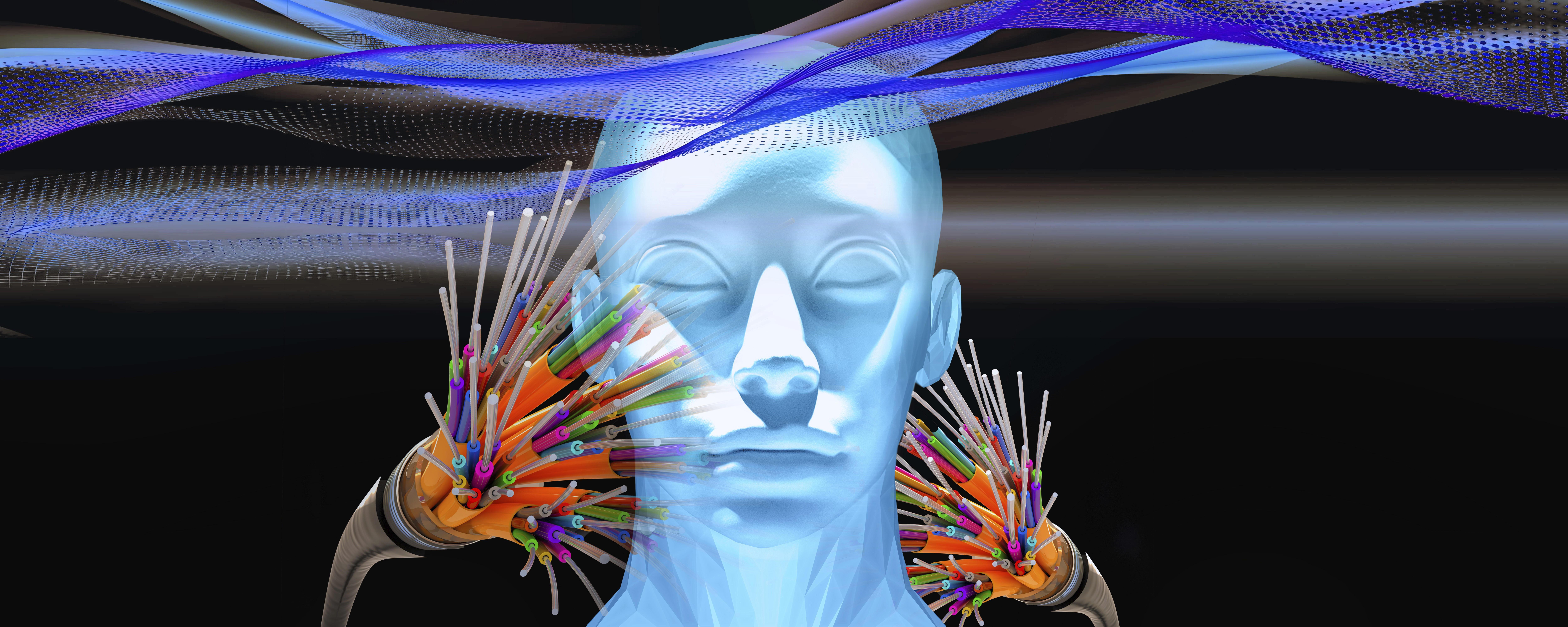 Ein Avatar und auf beiden Seiten Glasfaserstränge