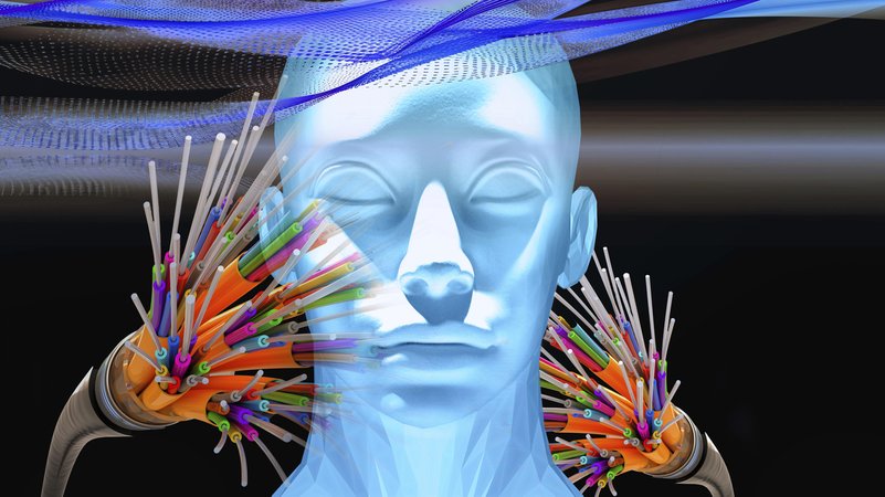 Ein Avatar und auf beiden Seiten Glasfaserstränge | Bild: picture alliance / Kurt Amthor Ein Avatar und auf beiden Seiten Glasfaserstränge