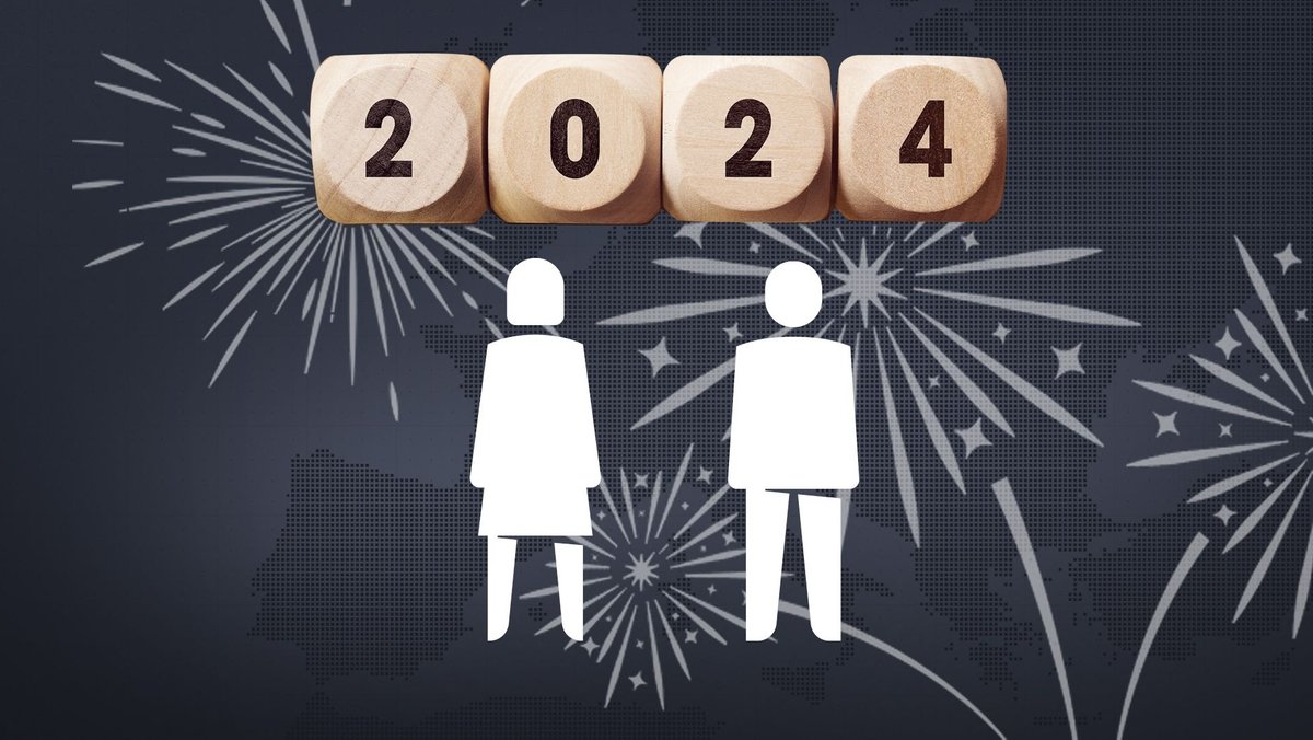Das Bild zeigt eine Frau und einen Mann von hinten, im Hintergrund Feuerwerk. Oben ist die Jahreszahl 2024 zu sehen.