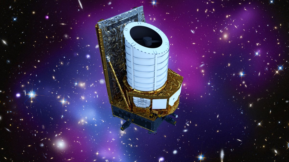 Künstlerische Darstellung des Weltraumteleskops Euclid vor einem Hintergrund aus bunten Galaxien und einem violetten Nebel. 