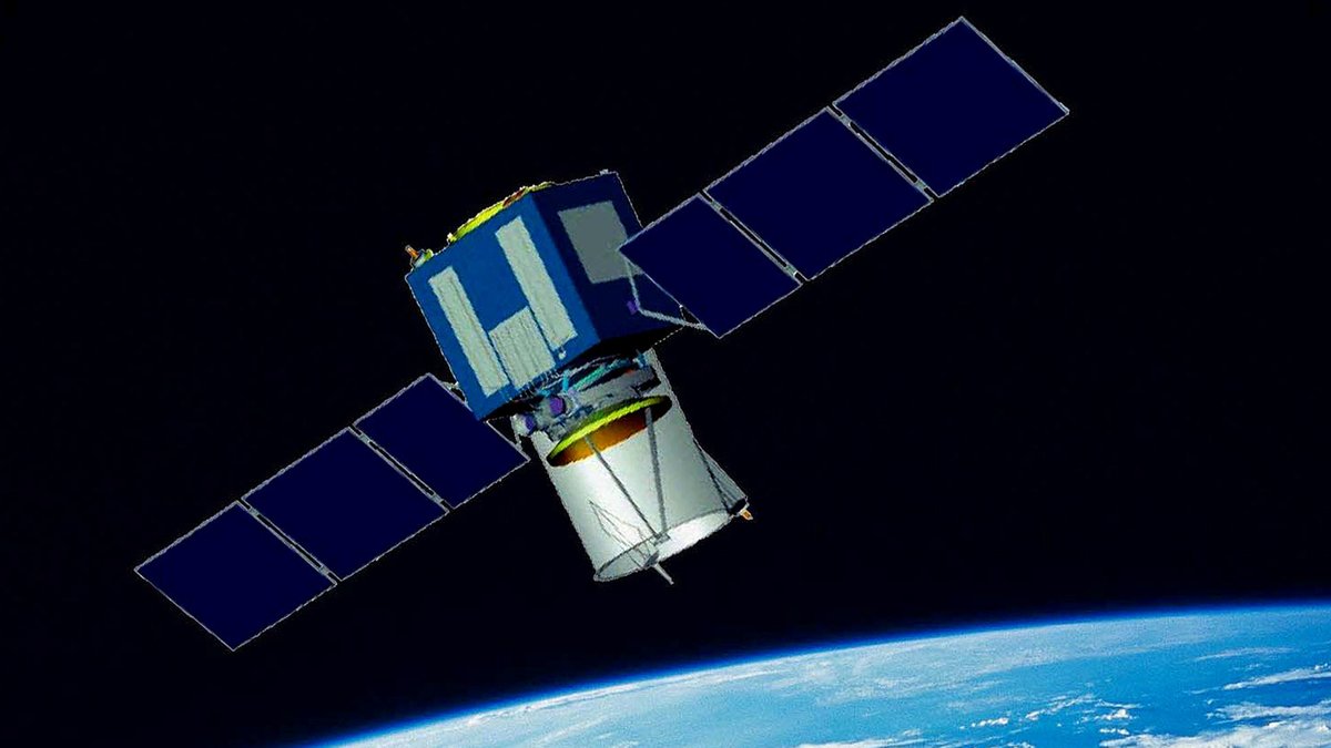 Der ESA-Satellit Aeolus als grafische Darstellung. Er dient der Windmessung in der Atmosphäre. 