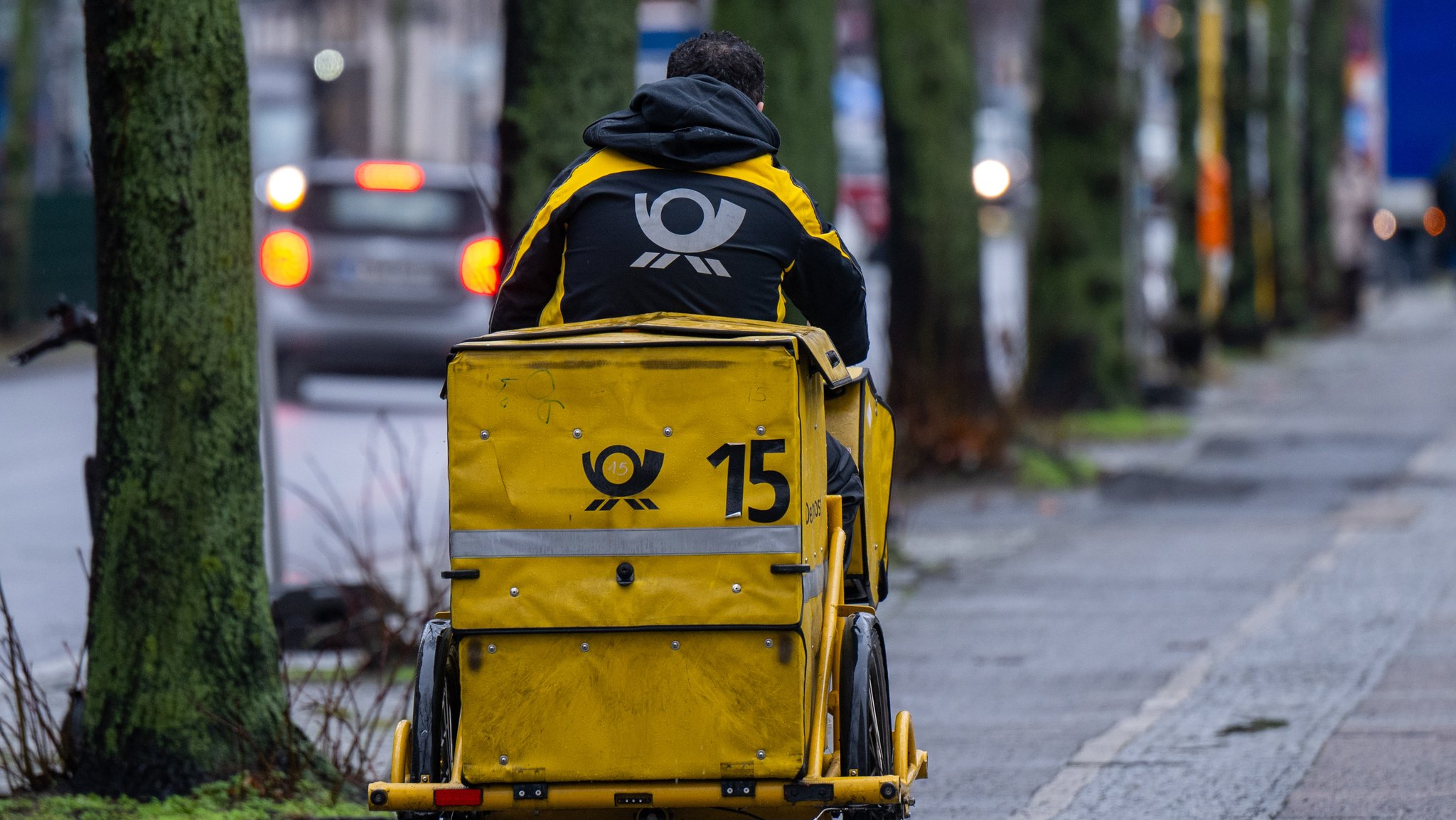 Ein Briefträger fährt mit seinem Fahrrad eine Straße entlang