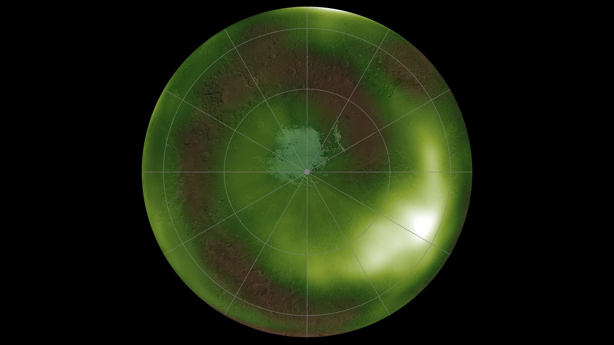 Die Aufnahme zeigt den Airglow des Mars über dem Nordpol des Planeten