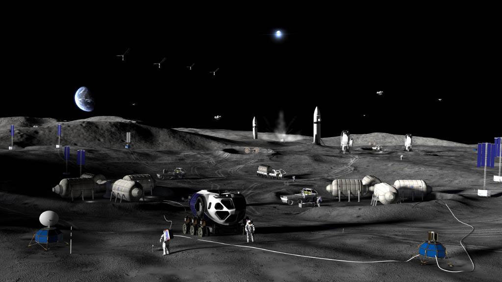 Konzeptbild einer potenziellen Nasa-Mondbasis, darauf sind Astronauten mit Fahrzeugen auf dem Mond zu sehen