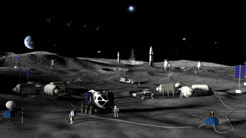 Konzeptbild einer potenziellen Nasa-Mondbasis, darauf sind Astronauten mit Fahrzeugen auf dem Mond zu sehen | Bild: Nasa Konzeptbild einer potenziellen Nasa-Mondbasis, darauf sind Astronauten mit Fahrzeugen auf dem Mond zu sehen