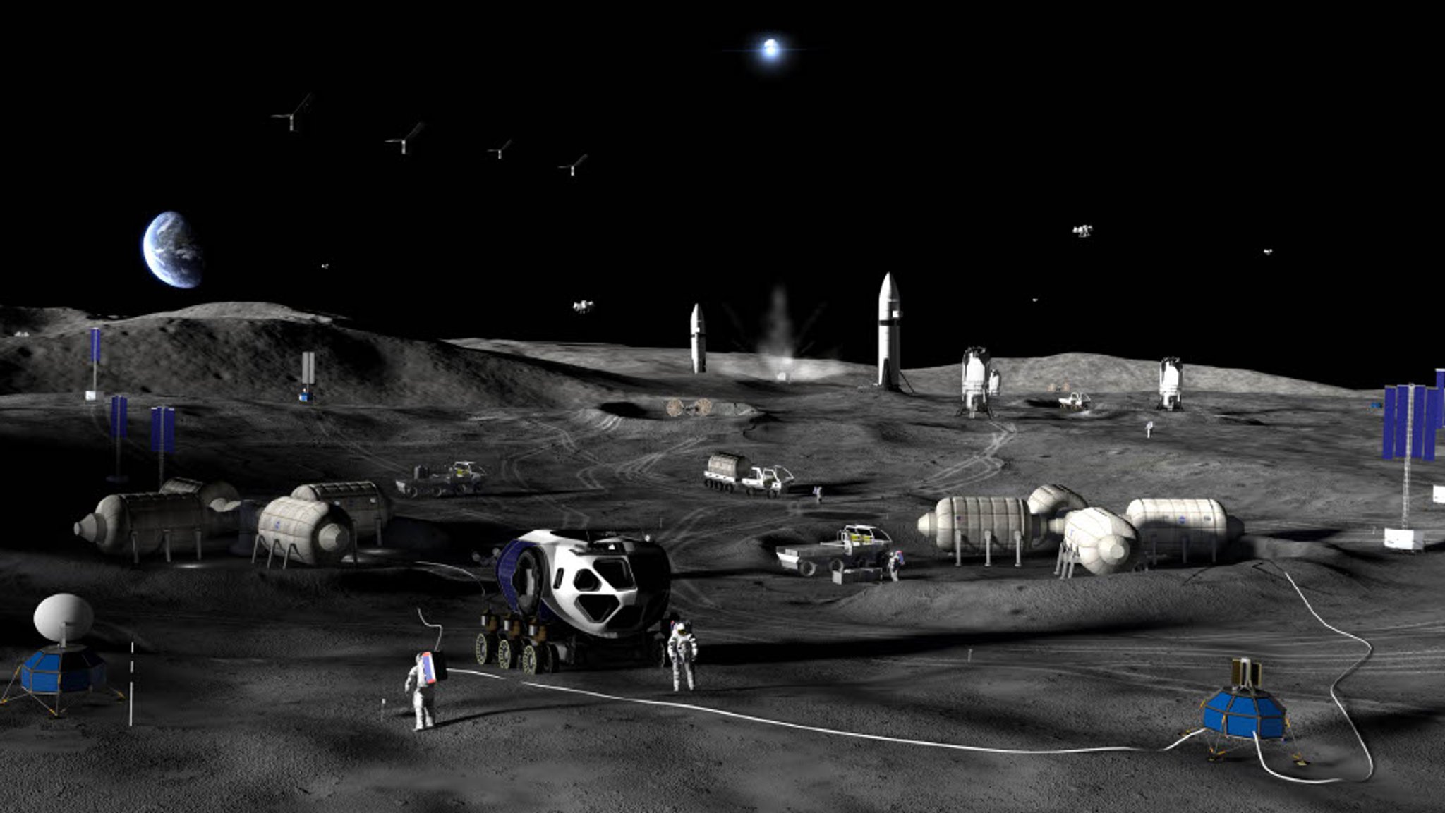 Konzeptbild einer potenziellen Nasa-Mondbasis, darauf sind Astronauten mit Fahrzeugen auf dem Mond zu sehen