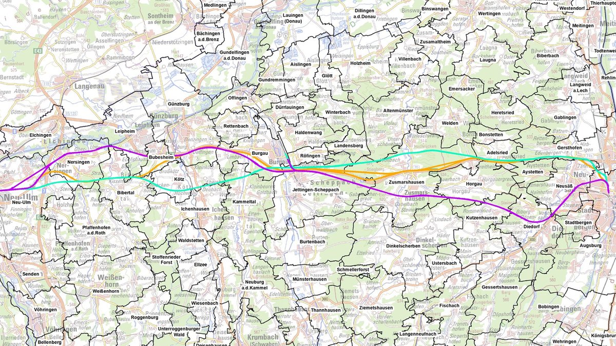 Eine Karte zeigt den möglichen Trassenverlauf der neuen Bahnstrecke Ulm-Augsburg in drei Varianten