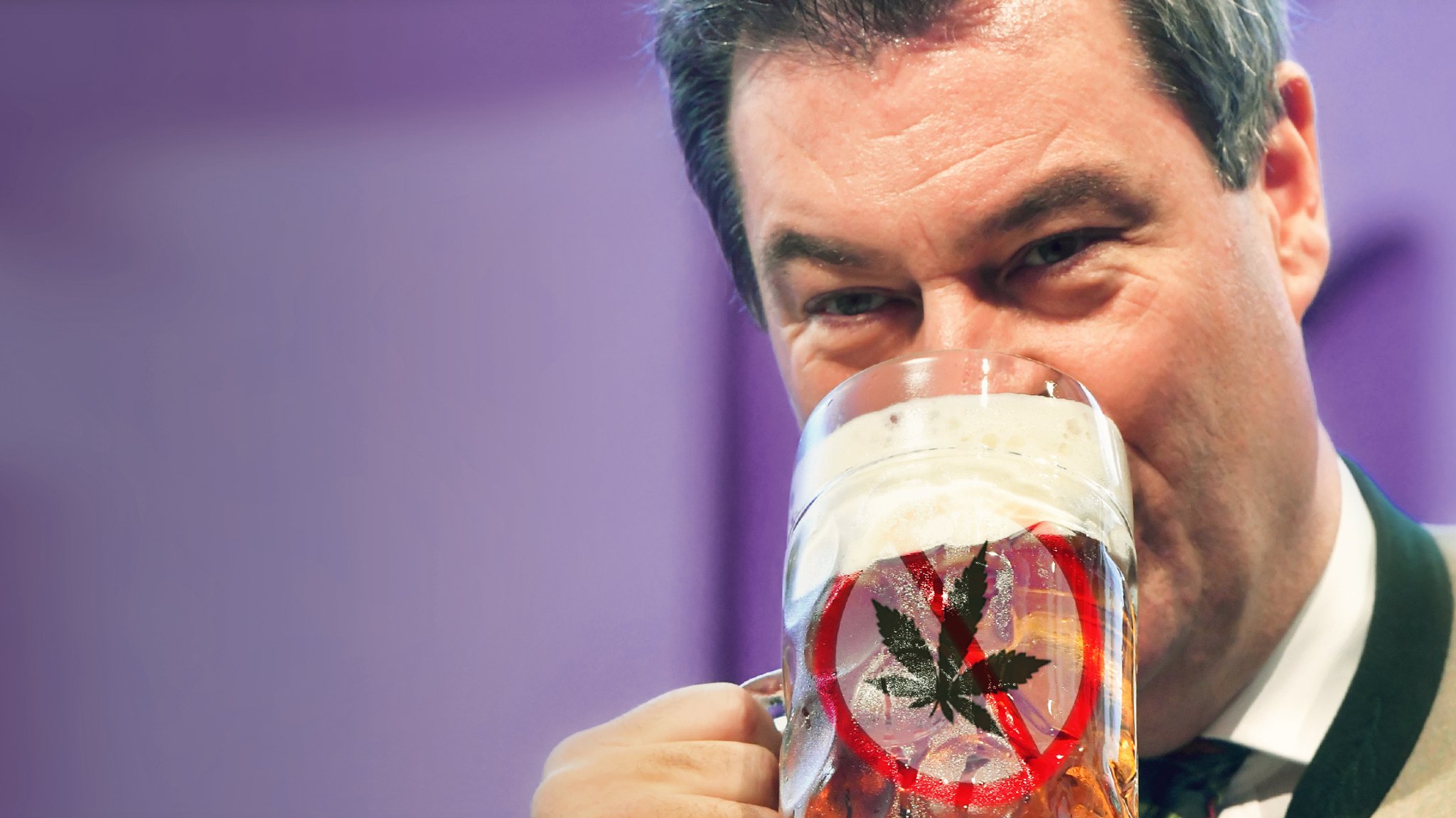 Montage Söder mit Maßkrug in dem ein durchgestrichenes Cannabisblatt schwimmt 