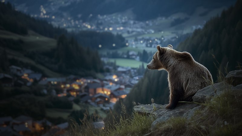 Ein Braunbär schaut auf eine Siedlung im Tal.
