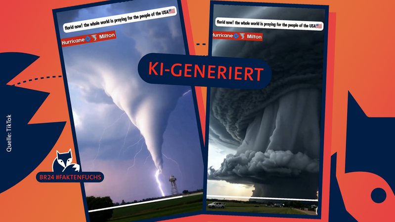 Auf TikTok grassieren angebliche Clips des Hurricane „Milton“, die das wahre Ausmaß der Katastrophe verzerren. | Bild: Quelle: TikTok, Montage: BR Auf TikTok grassieren angebliche Clips des Hurricane „Milton“, die das wahre Ausmaß der Katastrophe verzerren.