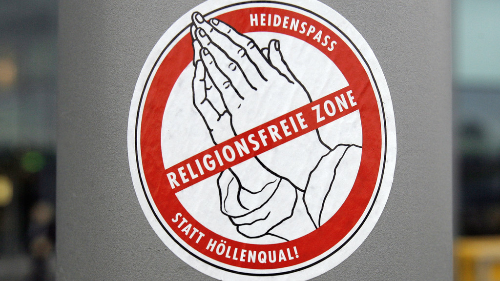 Ein Aufkleber mit der Aufschrift "religionsfreie Zone"