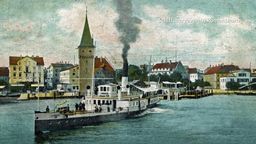 Coloriertes historisches Bild des Bodensee-Dampfers Säntis aus dem Jahr 1900 mit dem Lindauer Hafen im Hintergrund. | Bild:Schiffsbergeverein Romanshorn 
