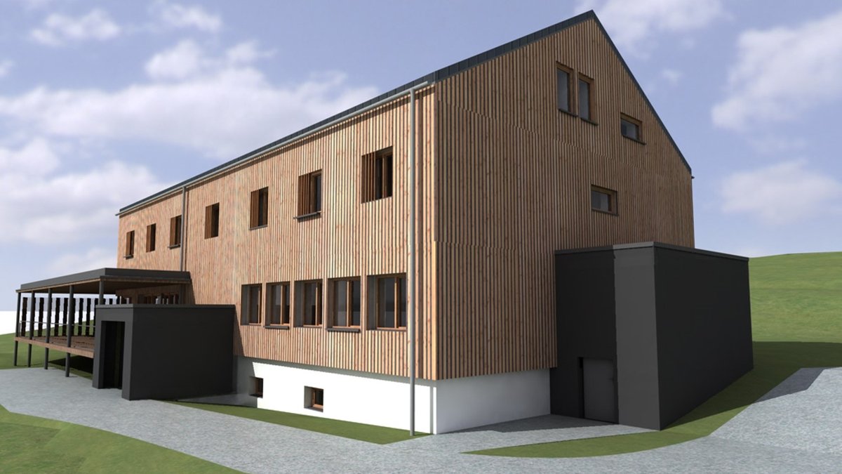 Ein Entwurfbild für den Umbau: Es ist geplant, das "Landshuter Haus" komplett mit Holz zu verschalen.