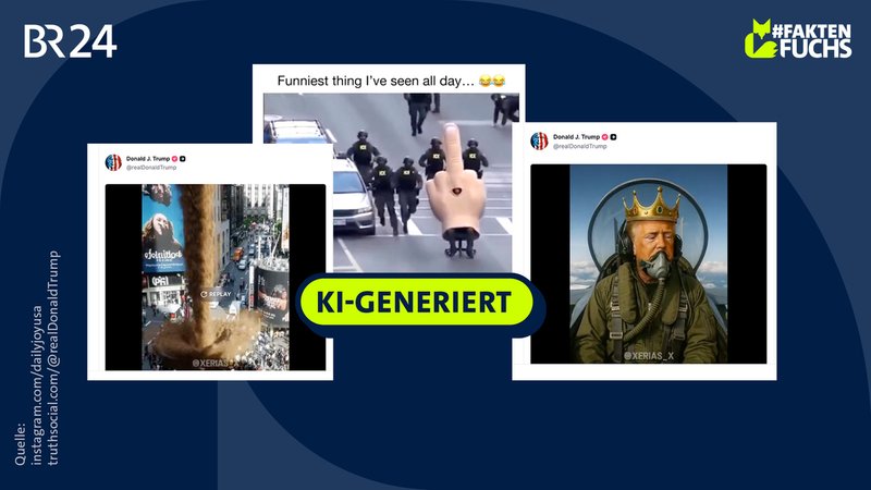 KI-generierte Bilder und Videos überzeugen häufig auch dann, wenn sie als Fakes erkannt werden. | Bild: BR Grafik / Instagram / Truth Social KI-generierte Bilder und Videos überzeugen häufig auch dann, wenn sie als Fakes erkannt werden.