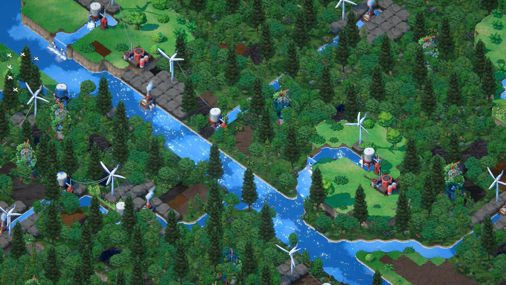 Spieleansicht aus "Terra Nil": Das Bild zeigt eine künstliche grüne Landschaft mit Wasserläufen, Kläranlagen und Windrädern.