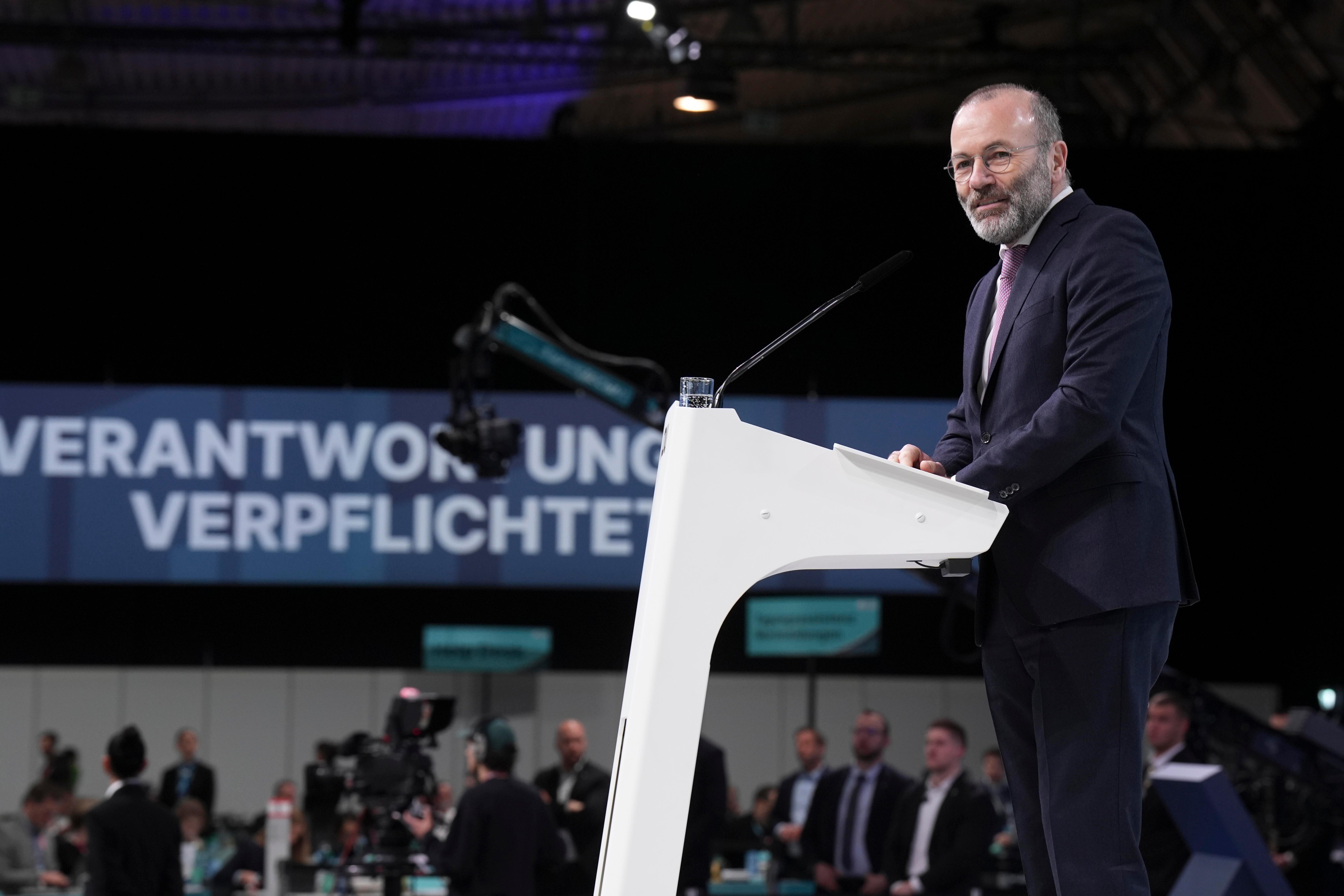 Manfred Weber, Vorsitzender der EVP bei seiner Rede zu den Delegierten beim 38. Bundesparteitag der CDU Deutschlands in der Messe Stuttgart, Stuttgart, 21.02.2026