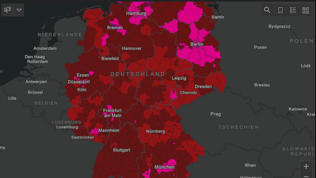 Ein Ausschnitt aus der Deutschlandkarte des RKI zeigt, dass vor allem in den Ballungsräumen die Inzidenzen stark gestiegen sind