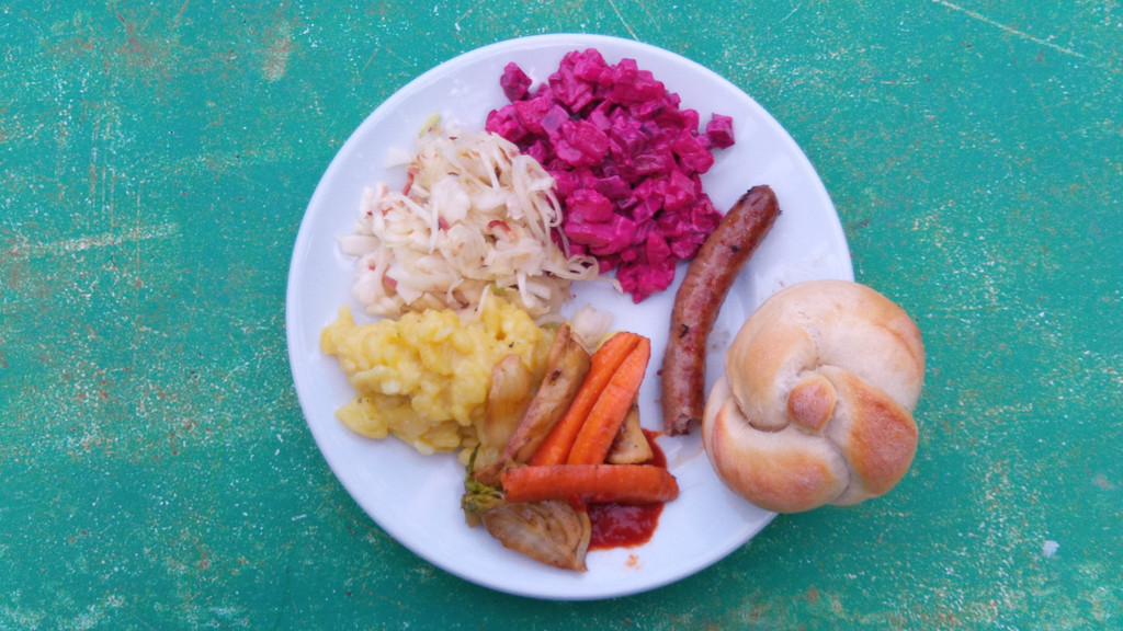 Rote-Rüben-Salat, Weißkrautsalat mit Speck, Kartoffelsalat, Grillgemüse, Kaisersemmel und eine kleine Rostbratwurst auf einem weißen Porzellanteller