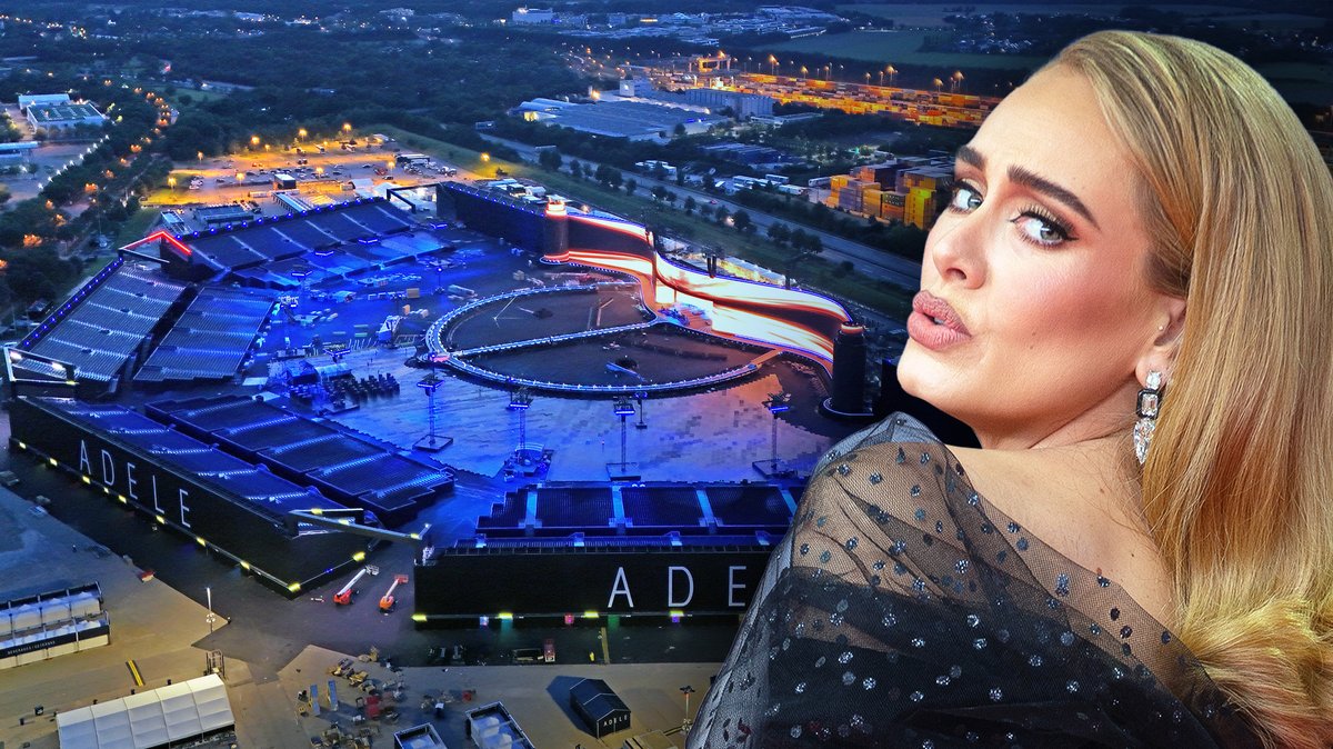 Fotomontage: Adele; Luftbild der Konzertarena