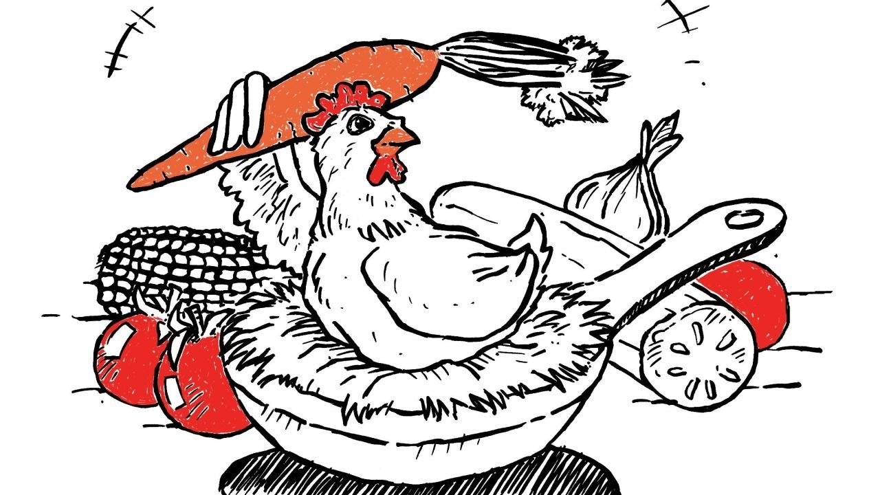 Eine Illustration: Eine Pfanne, in der Stroh ist, auf dem ein Huhn sitzt und eine Karotte mit dem Flügel hält.