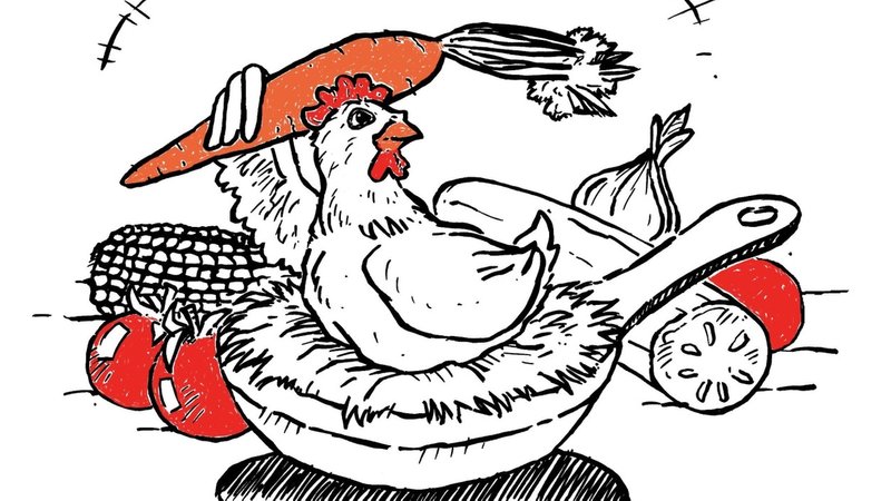 Eine Illustration: Eine Pfanne, in der Stroh ist, auf dem ein Huhn sitzt und eine Karotte mit dem Flügel hält. | Bild: Tobias Kubald Eine Illustration: Eine Pfanne, in der Stroh ist, auf dem ein Huhn sitzt und eine Karotte mit dem Flügel hält.